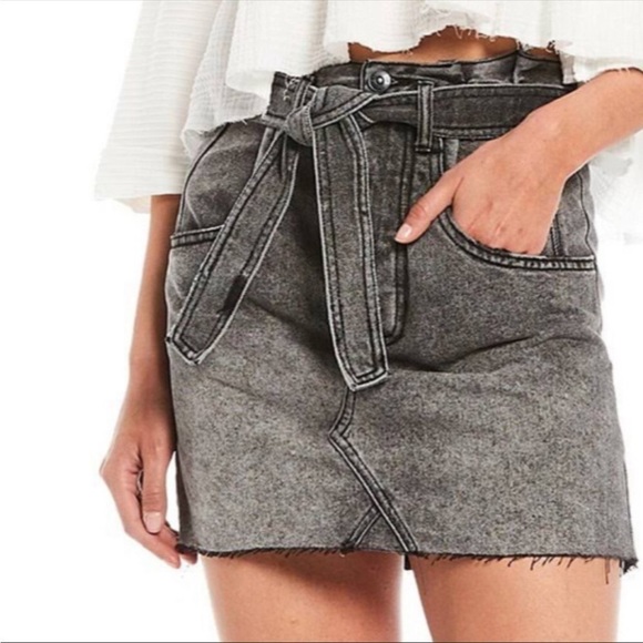 Free People East of Eden Denim Mini Skirt Black Tie Waist - Picture 1 of 6